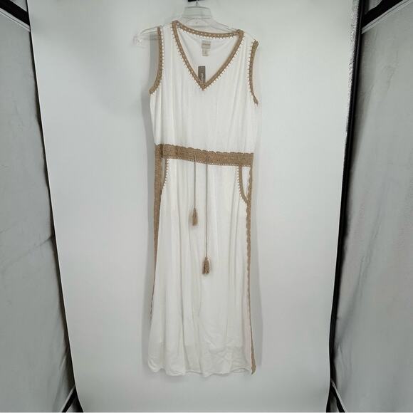 Chico's Grecian Goddess White Tan Crochet Tie Waist Sleeveless Maxi Dress 1 US 8 - Picture 2 of 7